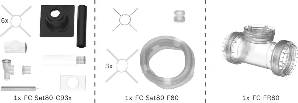 Produktbestandteile für ein Abgassystem, einschließlich Verbindungsstücken, Schläuchen und Rohren, in einem klaren Layout. Marke Bosch ist vertreten.